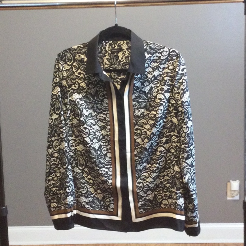 NWOT 8 Talbots black lace look button down blouse
